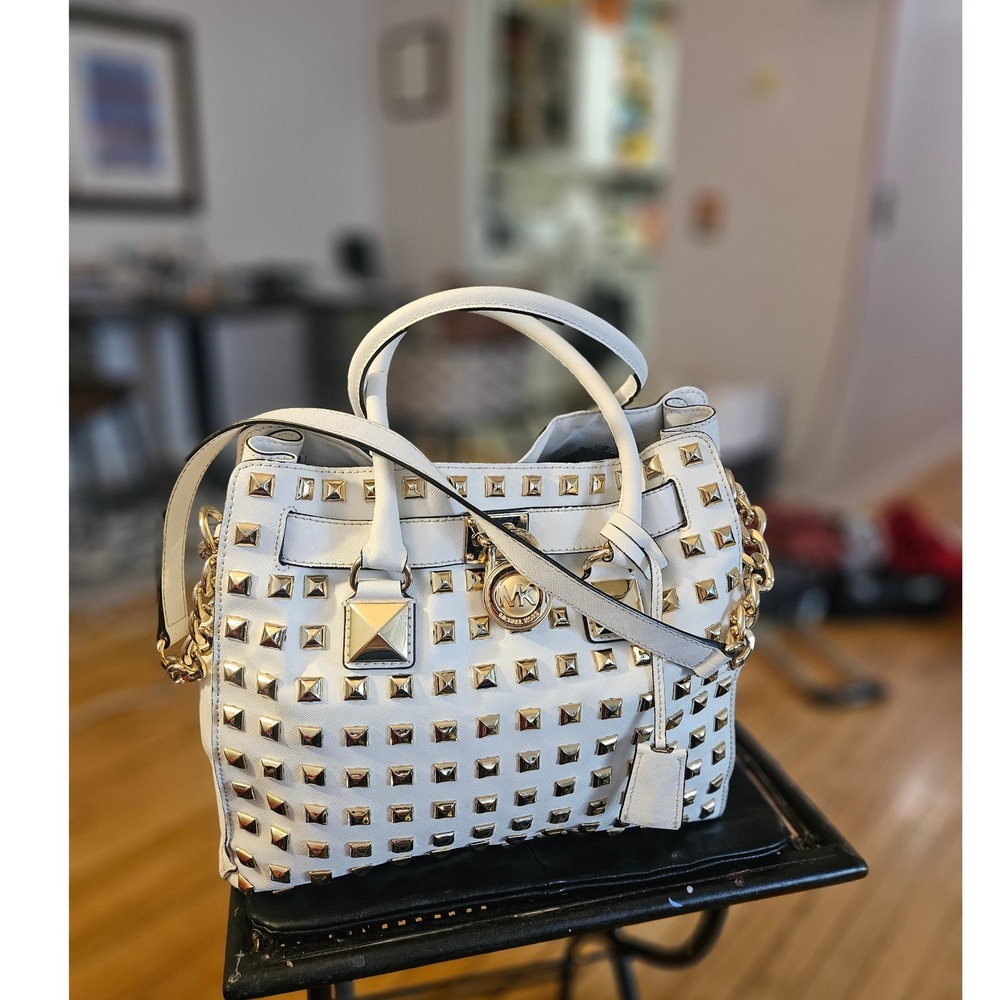 Michael Kors Hamilton Satchel White Saffiano Leather Gold Studded MK Padlock Bag - Picture 3 of 14